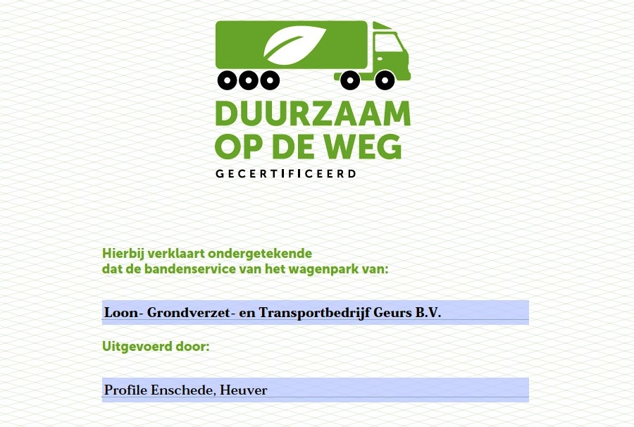 Geurs heeft certificaat “Duurzaam op de weg” ontvangen